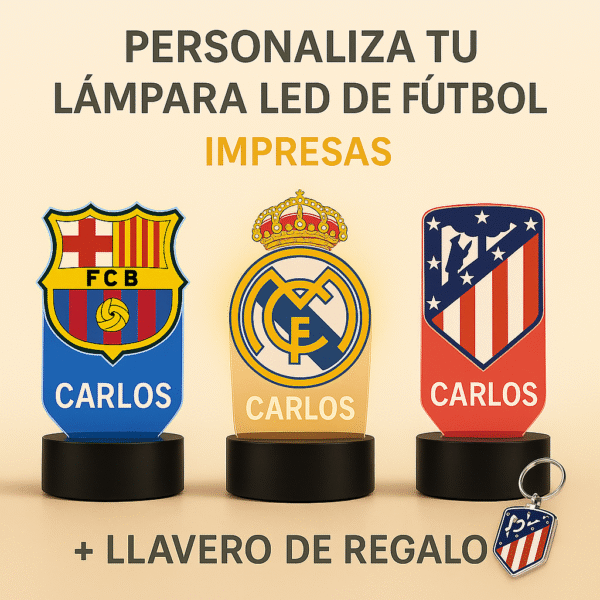 Lámpara LED personalizada con escudo de equipo de fútbol y nombre – regalo original