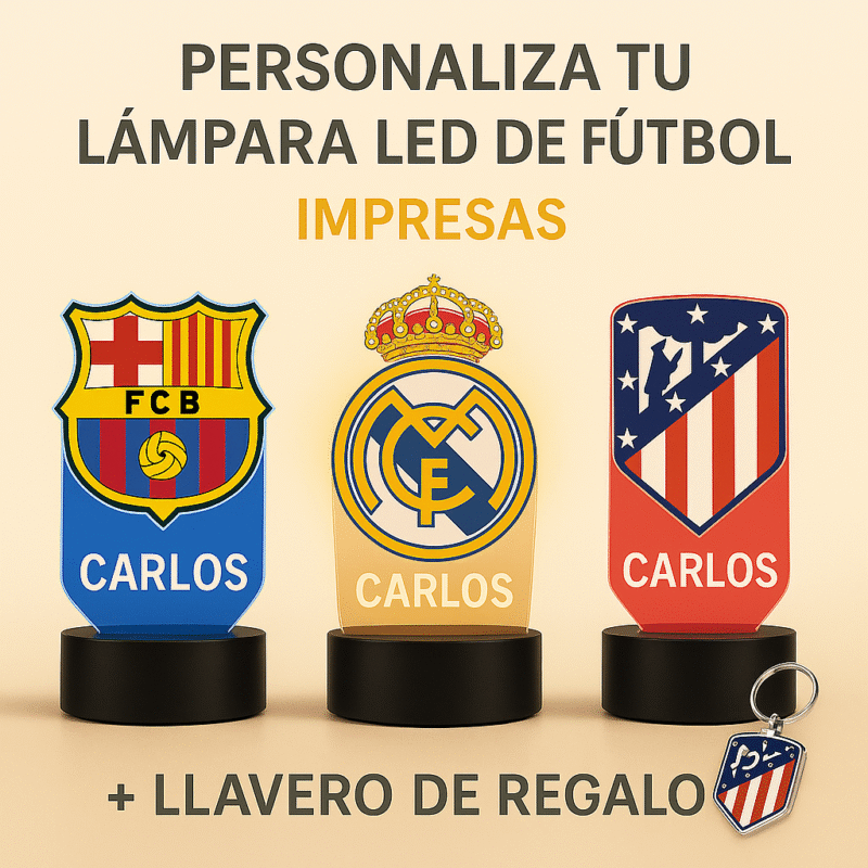 Lámpara LED personalizada con escudo de equipo de fútbol y nombre – regalo original