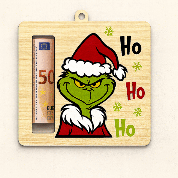 Adorno Navideño Grinch con Porta Billete – Madera Natural