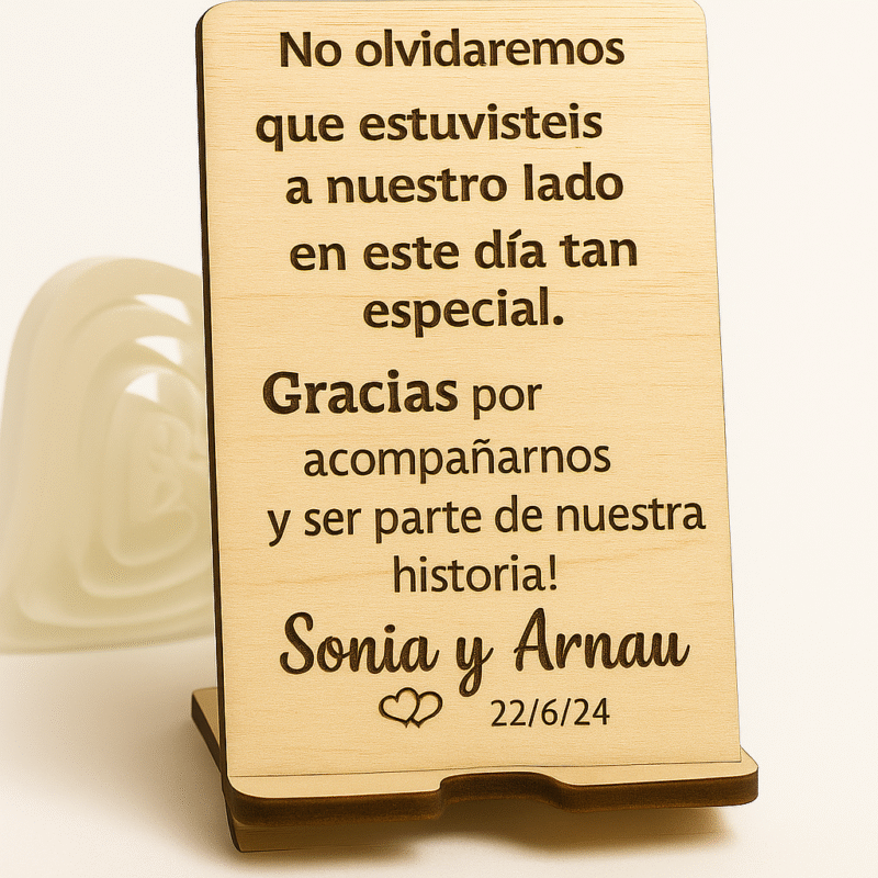 Soporte para móvil de madera personalizado boda