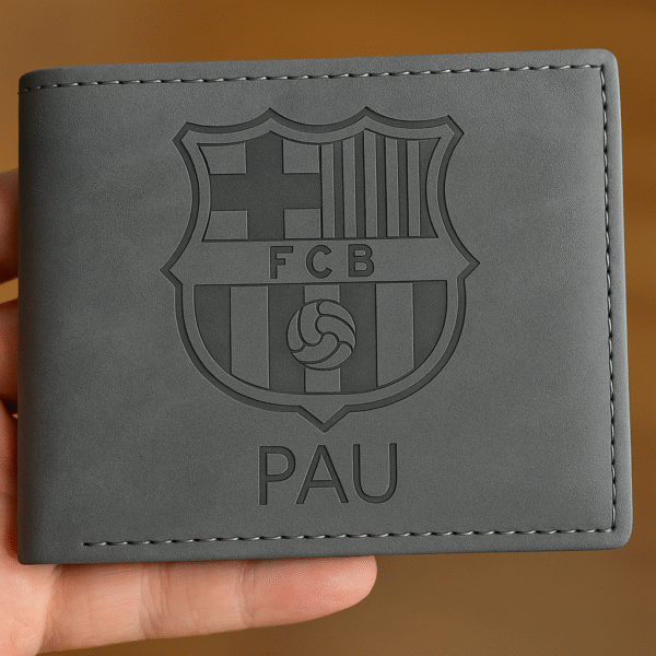 Cartera personalizada del FC Barcelona con nombre Diego grabada en polipiel negro - Yolascraft