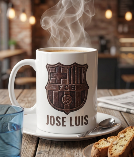 Taza Personalizada Blanca Mate - Escudo Fútbol con Efecto Cuero
