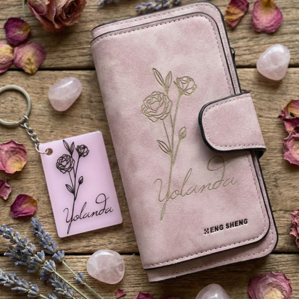 Cartera Personalizada Flor de Nacimiento + LLAVERO DE REGALO | Set Único