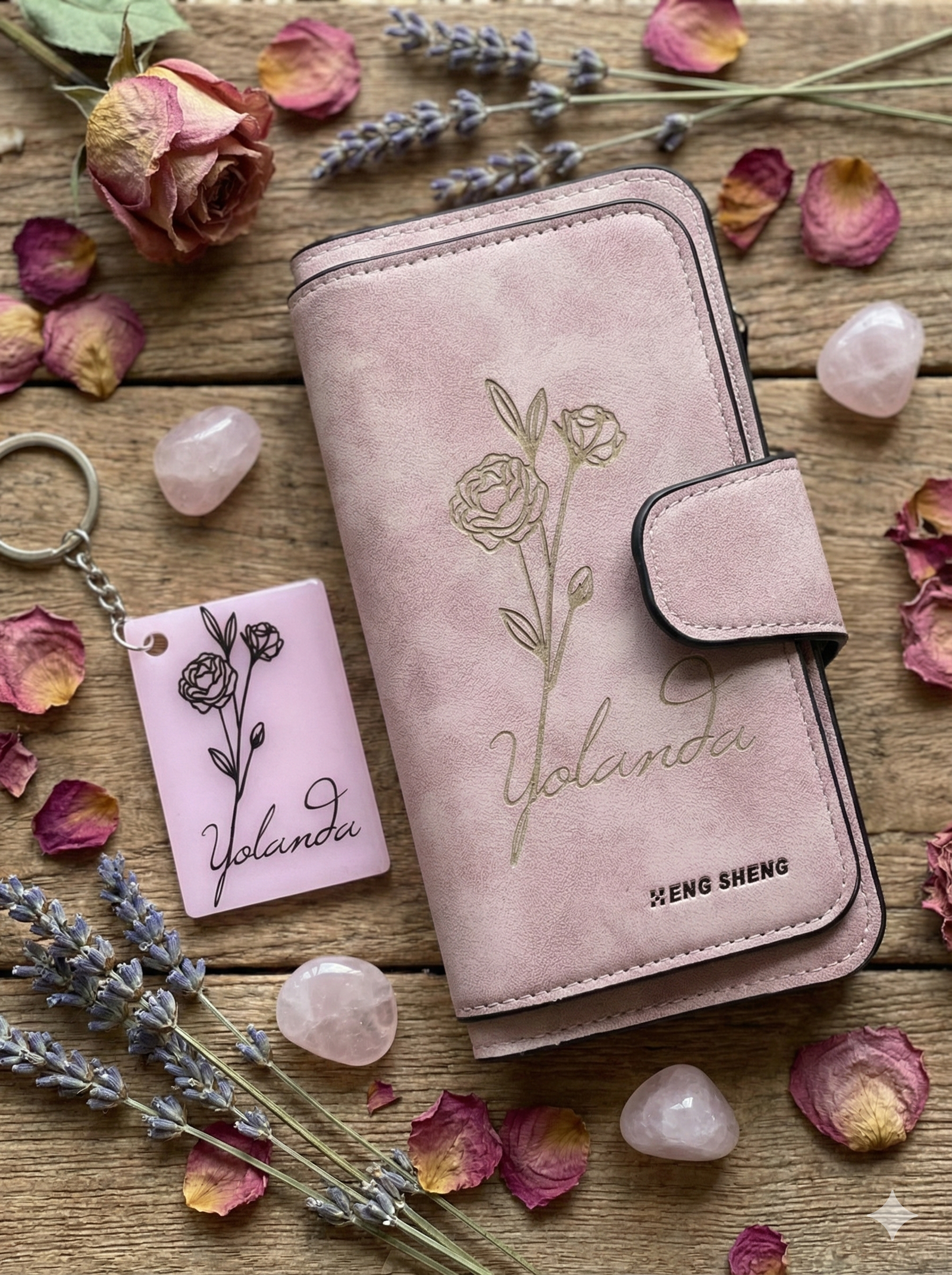 Cartera Personalizada Flor de Nacimiento + LLAVERO DE REGALO | Set Único