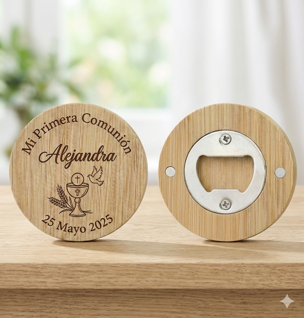 Abridor Magnético de Bambú Personalizado | Detalle Útil para Comuniones, Bautizos y Bodas - Imagen 2