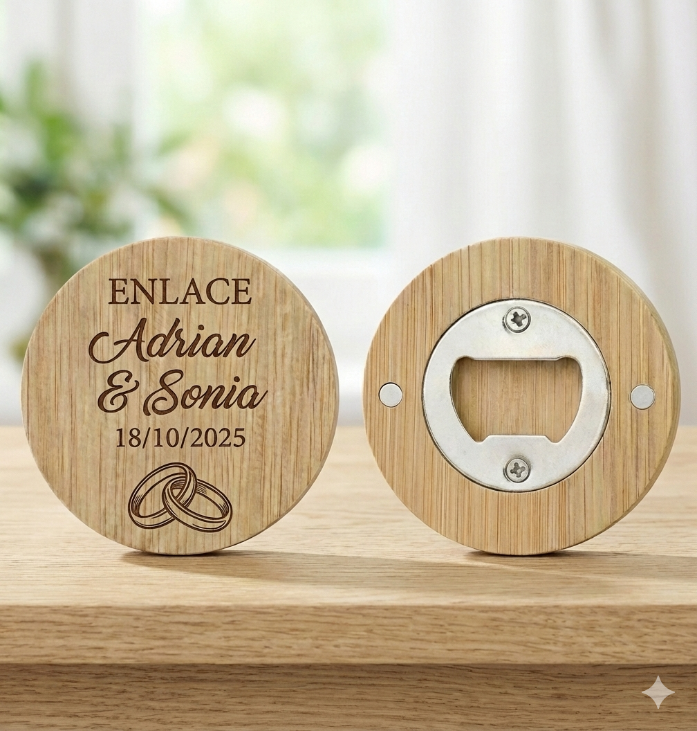 Abridor Magnético de Bambú Personalizado | Detalle Útil para Comuniones, Bautizos y Bodas