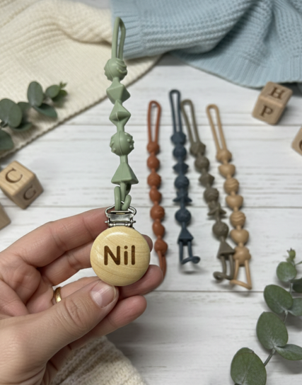 Pack 5 Chupeteros Personalizados de Silicona Alimentaria y Madera Natural