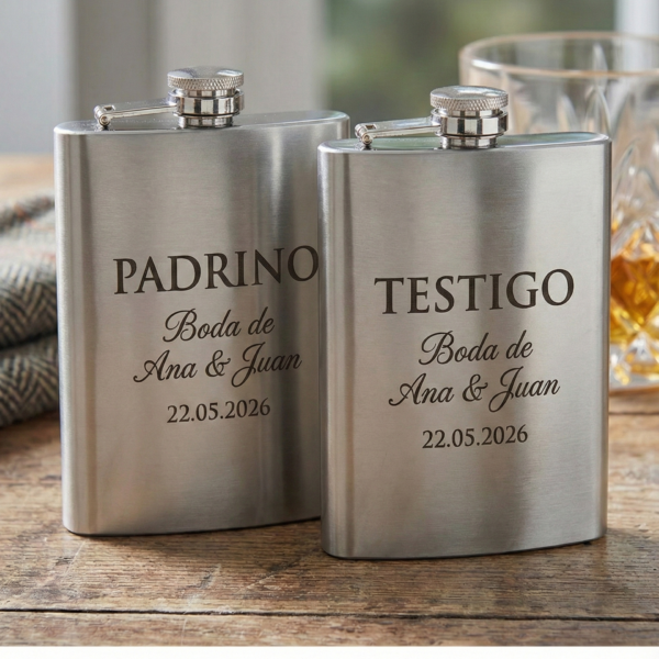 Petaca Premium Personalizada para Bodas: Testigos y Padrinos | Acero Inoxidable (240ml)
