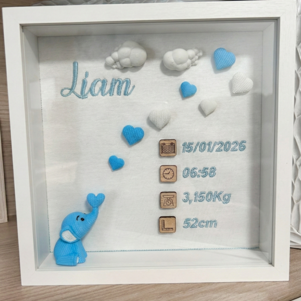 Cuadro de Nacimiento Personalizado Elefante Corazones - Recuerdo Bebé