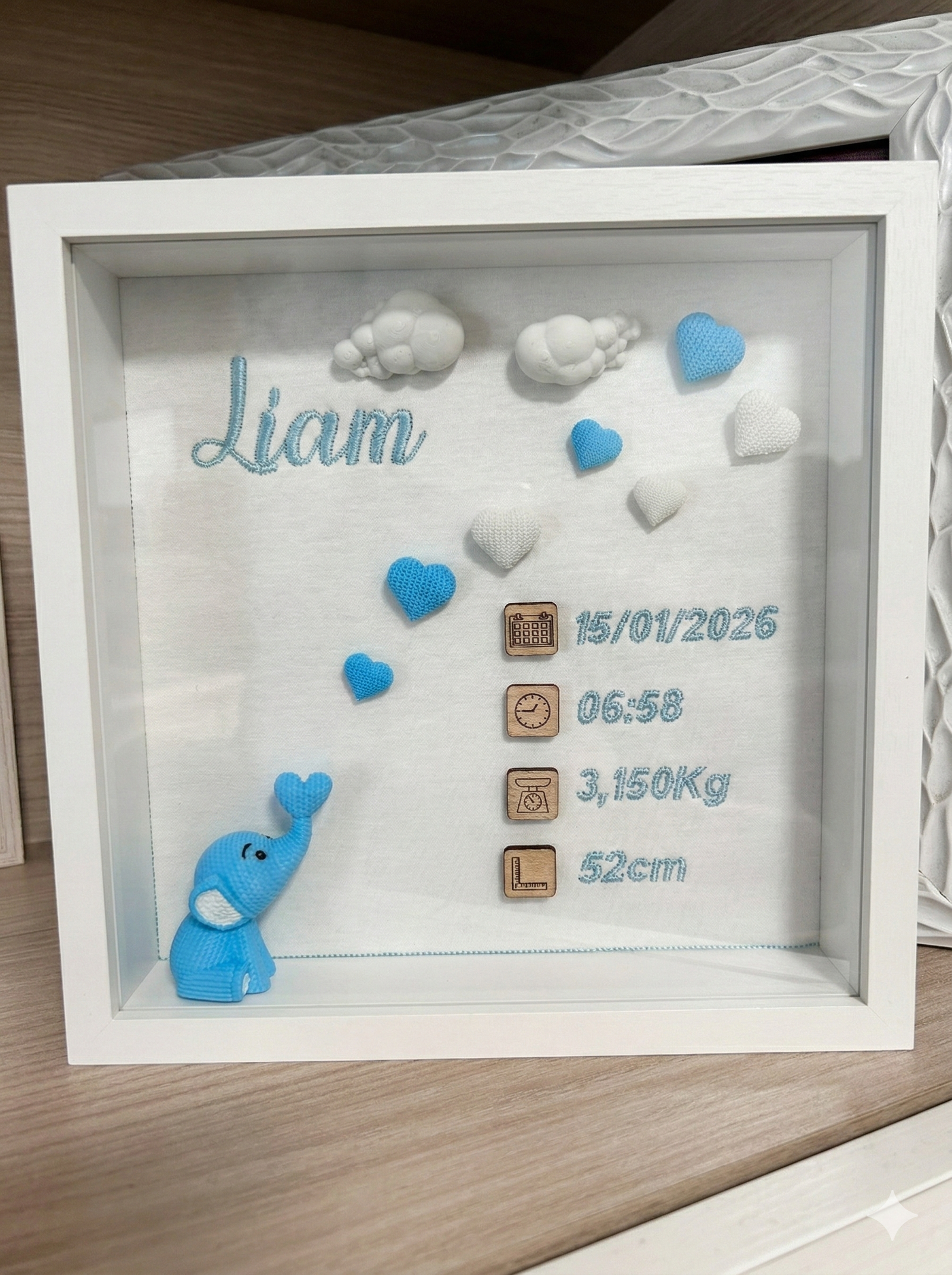 Cuadro de Nacimiento Personalizado Elefante Corazones - Recuerdo Bebé