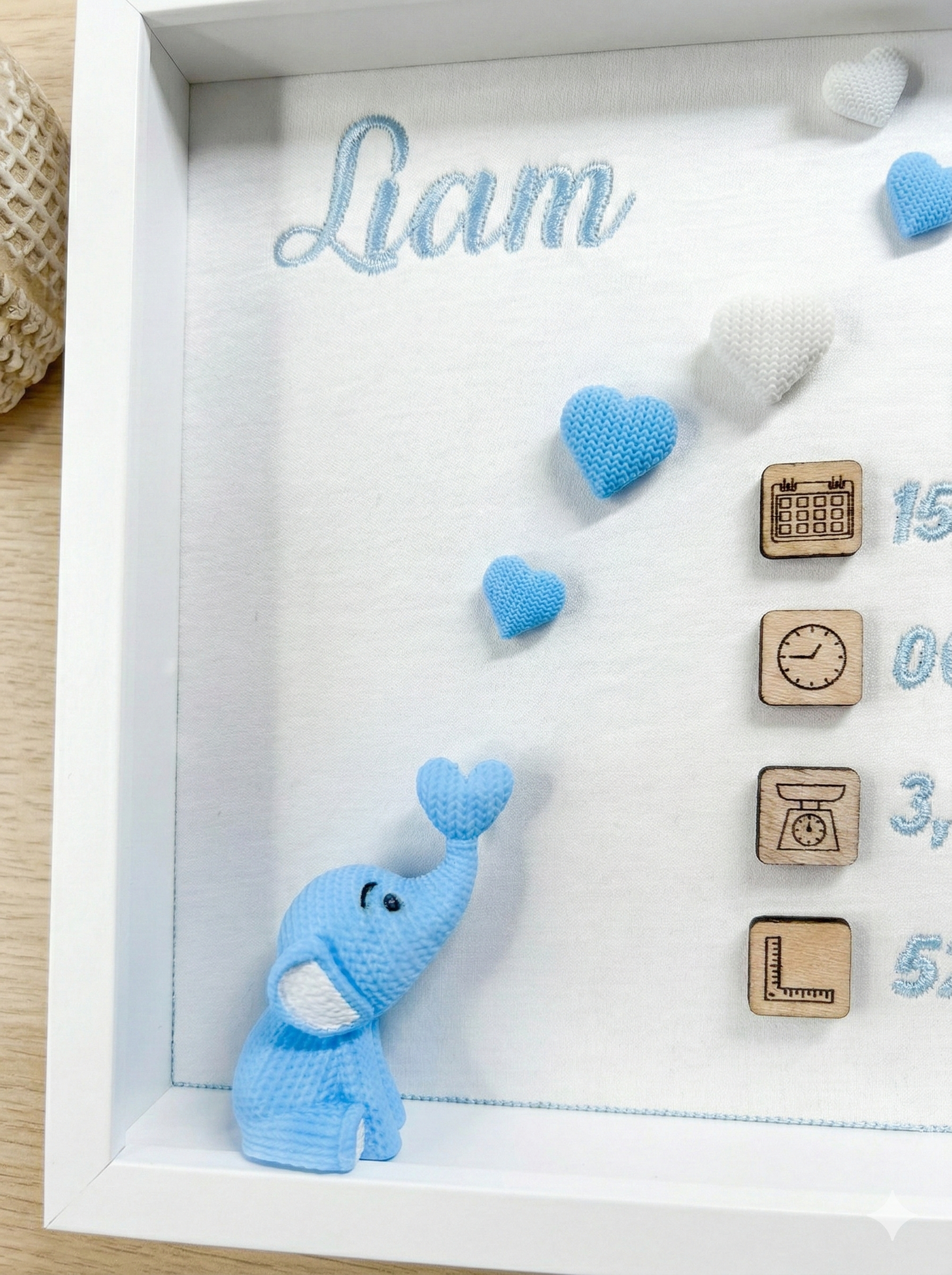 Cuadro de Nacimiento Personalizado Elefante Corazones - Recuerdo Bebé - Imagen 4