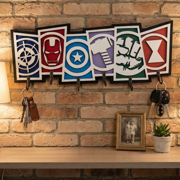 Colgador de Llaves Vengadores Marvel - Madera 3D Hecho a Mano (30x12 cm)