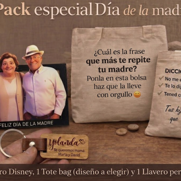 Pack Regalo Premium Mamá: Cuadro Disney + Tote Bag + Llavero Madera | Yolascraft