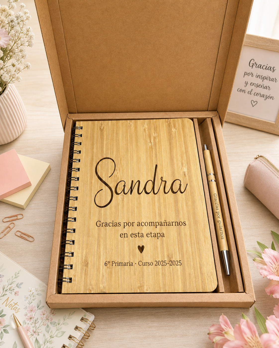 Libreta de bambú grabada con el nombre Sandra y frase de agradecimiento con bolígrafo a juego de Yolascraft.