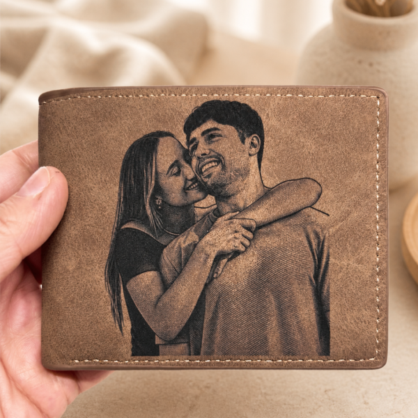 Carteras de Polipiel Personalizadas con Tu Foto Grabada Láser + Llavero de Madera de Regalo (Hombre y Mujer)