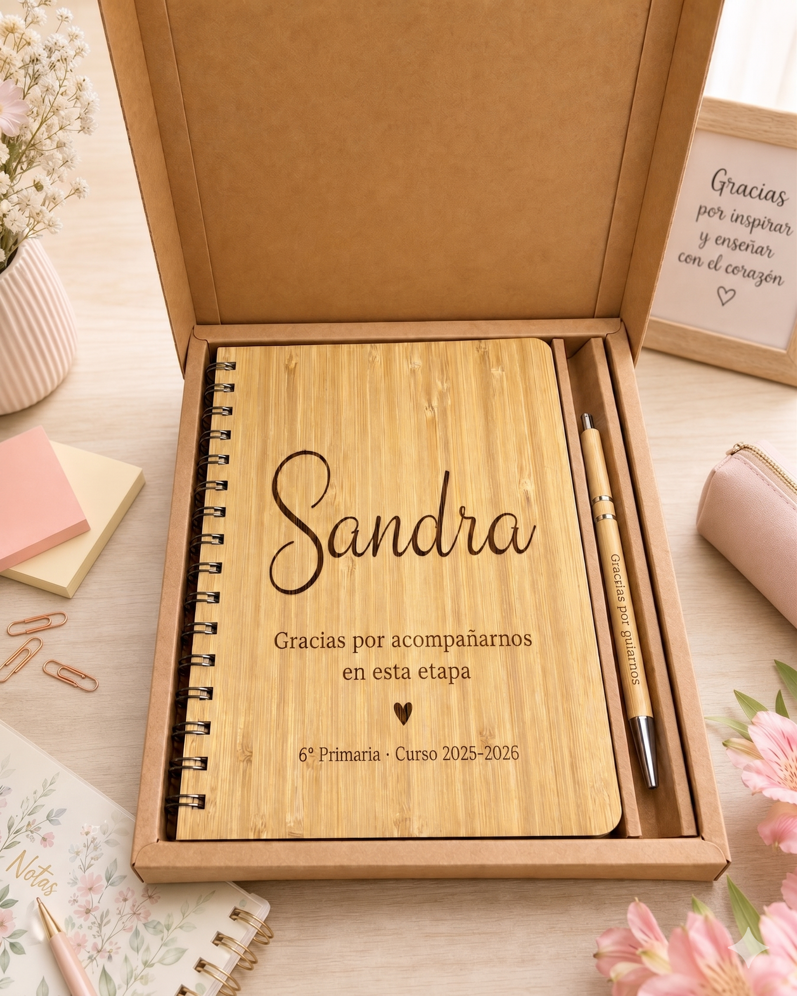 Kit de regalo fin de curso de Yolascraft presentado en caja de cartón kraft abierta, que contiene una libreta de madera de bambú grabada con el nombre 'Sandra' y un mensaje de agradecimiento de 6º Primaria, junto a un bolígrafo de madera grabado a juego