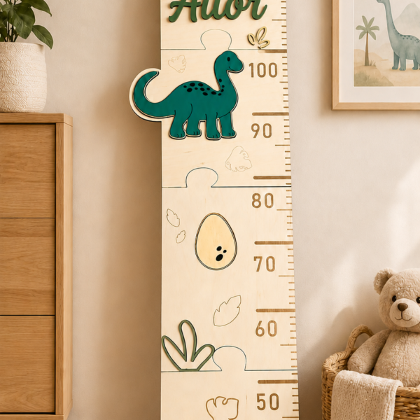 Medidor de Altura Infantil de Madera Dinosaurios – Personalizado con Nombre e Hitos