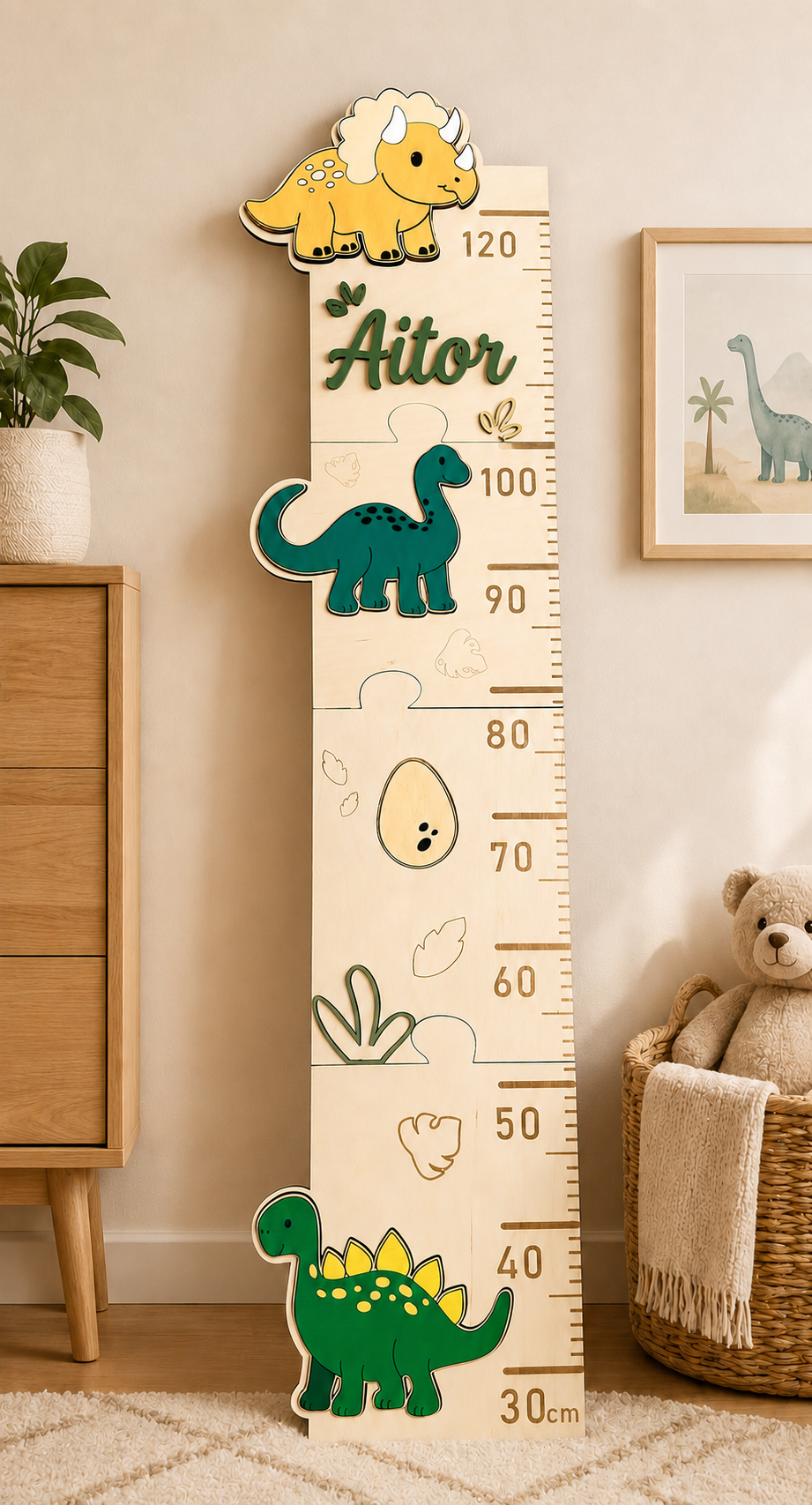 Medidor de Altura Infantil de Madera Dinosaurios – Personalizado con Nombre e Hitos